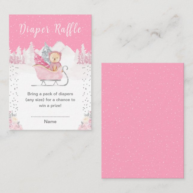 Winter Bear Pink Sleigh Diaper Raffle Enclosure Card (Front/Back)