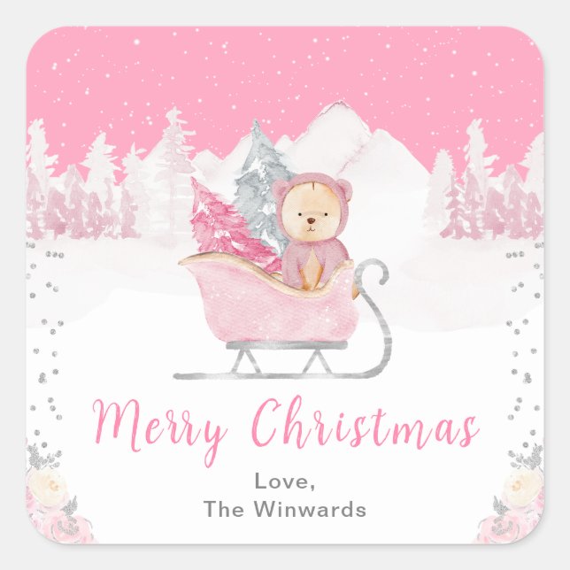 Winter Bear Pink Sleigh Merry Christmas Square Sticker (Front)