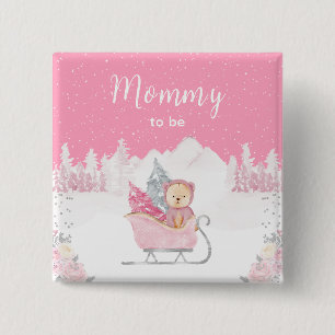 Winter Bear Pink Sleigh Mummy To Be 15 Cm Square Badge