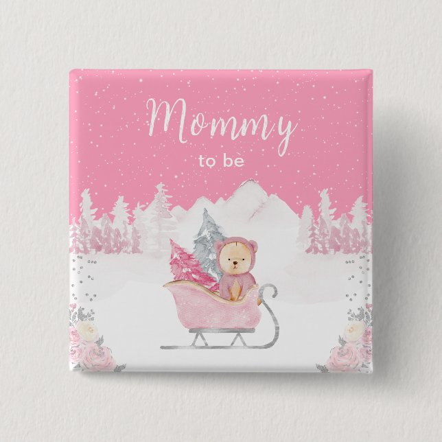 Winter Bear Pink Sleigh Mummy To Be 15 Cm Square Badge (Front)