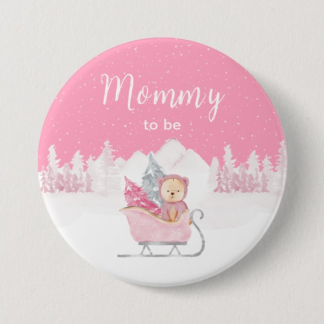Winter Bear Pink Sleigh Mummy To Be 7.5 Cm Round Badge (Front)