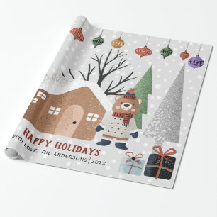 Winter bear, trees and house Christmas holiday Wrapping Paper