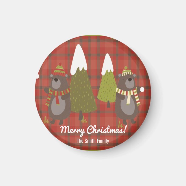 Winter Bear White Christmas Red Buffalo Plaid   Magnet (Front)
