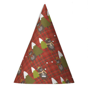 Winter Bear White Christmas Red Buffalo Plaid Party Hat