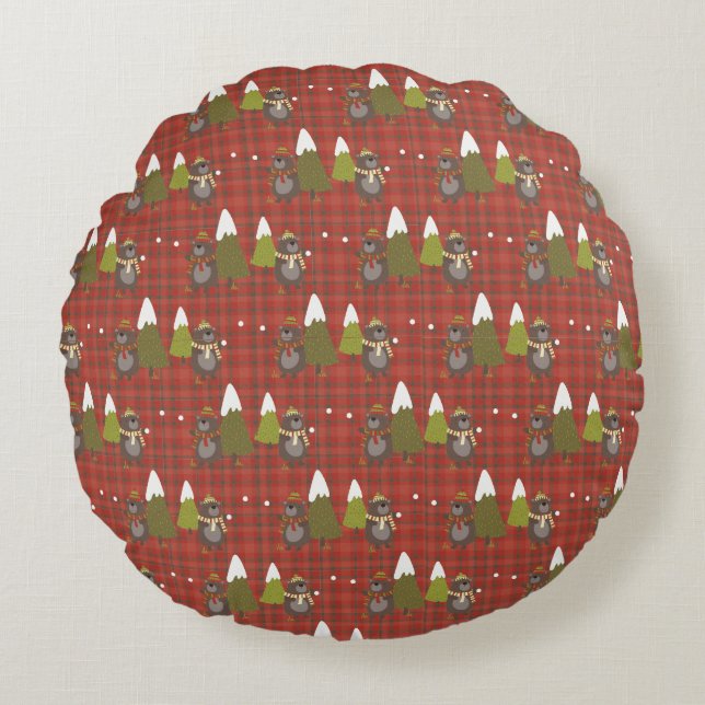 Winter Bear White Christmas Red Buffalo Plaid  Round Cushion (Front)
