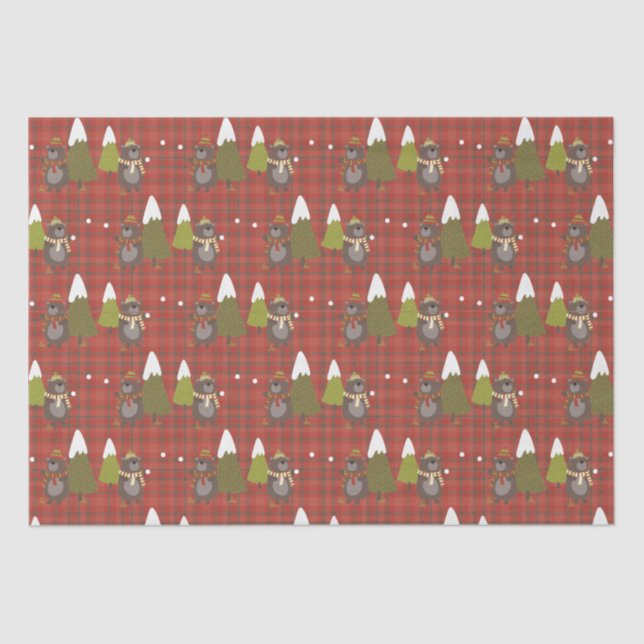 Winter Bear White Christmas Red Buffalo Plaid  Tissue Paper (Front)