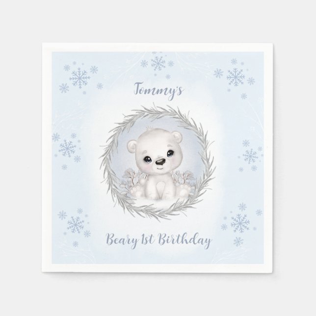 Winter Beary 1st Birthday Cute Blue Polar Bear Napkin (Front)