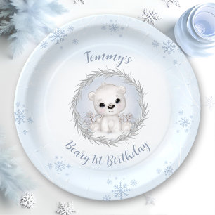 Winter Beary 1st Birthday Cute Blue Polar Bear Paper Plate