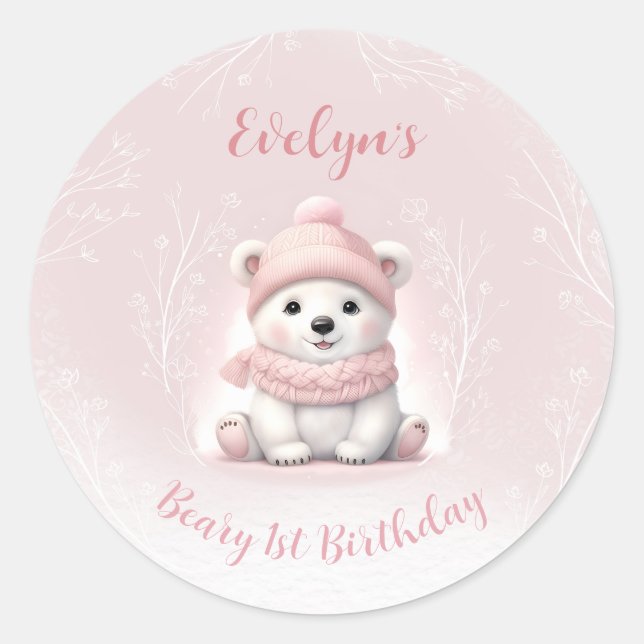 Winter Beary 1st Birthday Pink Polar Bear Classic Round Sticker (Front)