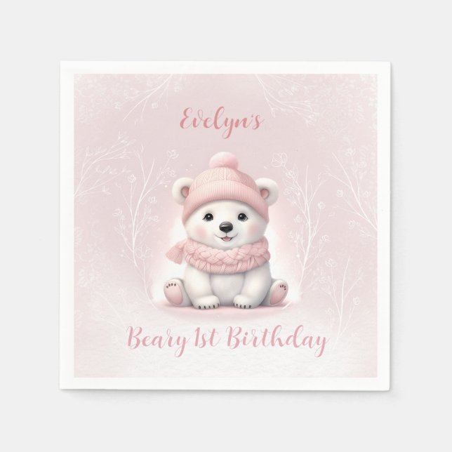 Winter Beary 1st Birthday Pink Polar Bear Napkins (Front)