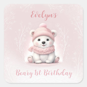 Winter Beary 1st Birthday Pink Polar Bear Square Sticker