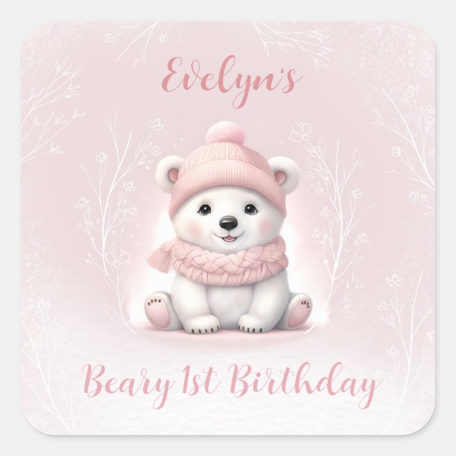 Winter Beary 1st Birthday Pink Polar Bear Square Sticker (Front)