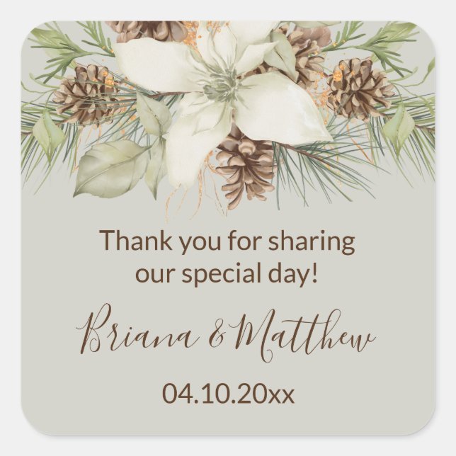 Winter Beige Elegant Script Wedding Favour Square Sticker (Front)