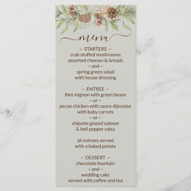 Winter Beige Elegant Script Wedding Menu (Front)