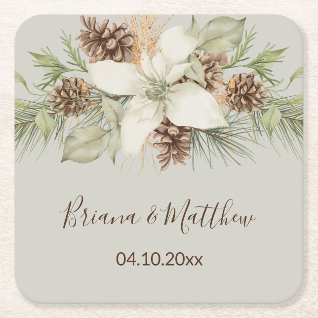 Winter Beige Elegant Script Wedding Square Paper Coaster (Front)