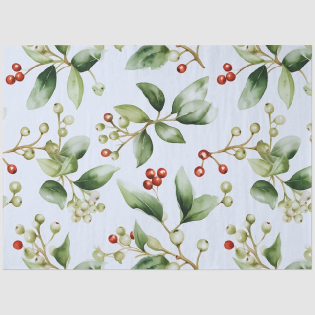 Winter Berries and Greenery Blue Christmas Tissue Paper (Front)