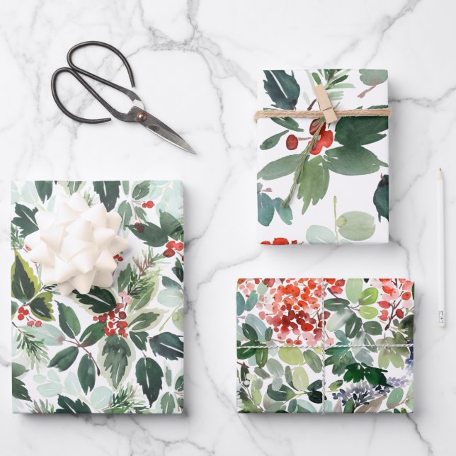Winter Berries and Greenery Christmas  Wrapping Paper Sheet (Front)