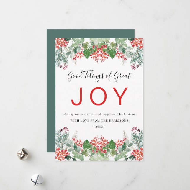 Winter Berries and Greenery Joy Christmas Holiday Card (Front/Back In Situ)