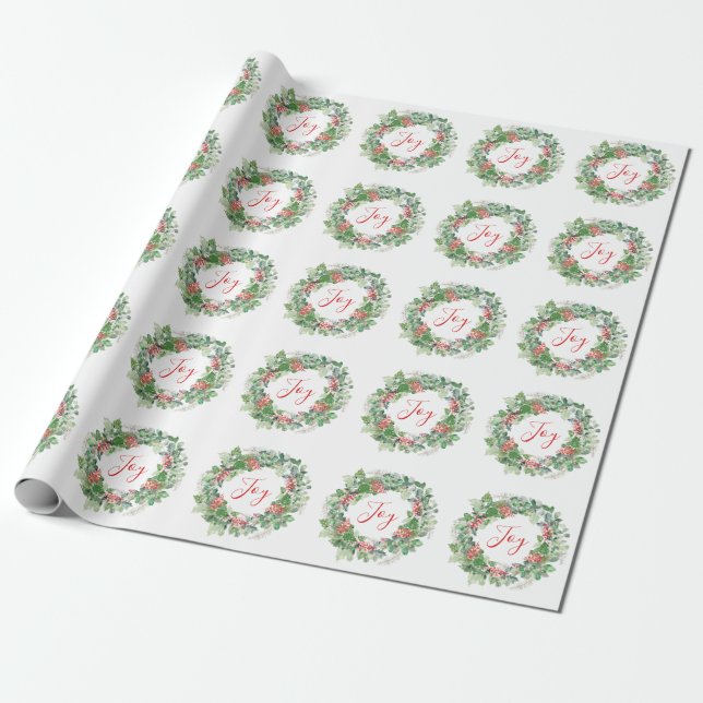 Winter Berries and Greenery Joy Christmas Wrapping Paper (Unrolled)