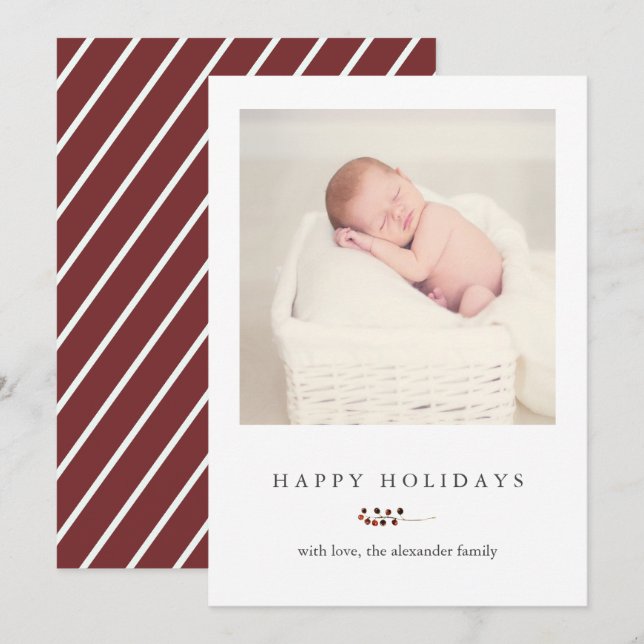 Winter Berries and Stripes Happy Holidays Photo Holiday Card (Front/Back)