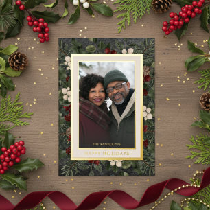 Winter Berries Black Happy Holidays Photo Foil Holiday Card