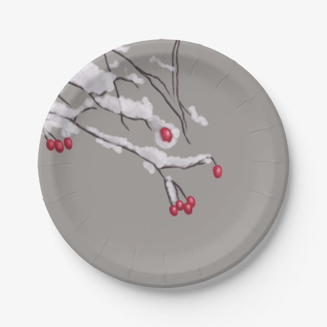 Winter Berries Branches Covered In Snow Paper Plate (Front)