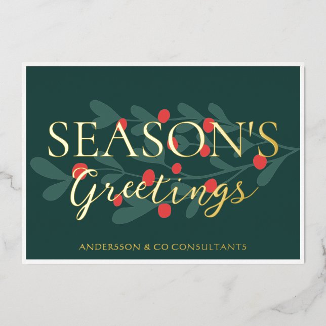 Winter Berries Business Logo Season's Greetings Foil Holiday Card (Front)