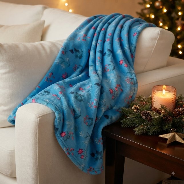 Winter berries & cosy cute blue fleece blanket (Creator Uploaded)