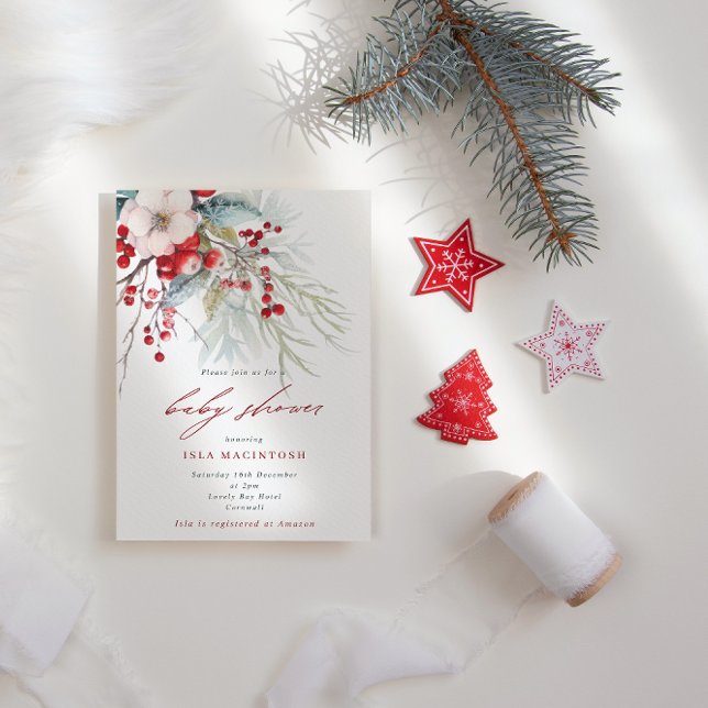 Winter Berries & Foliage Red & Green Baby Shower Invitation (Creator Uploaded)