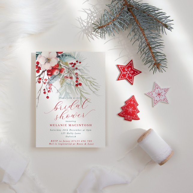 Winter Berries & Foliage Red & Green Bridal Shower Invitation (Creator Uploaded)
