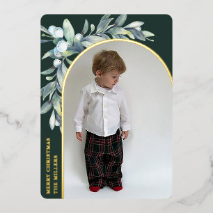 Winter Berries Green Arched Photo Foil Holiday Card