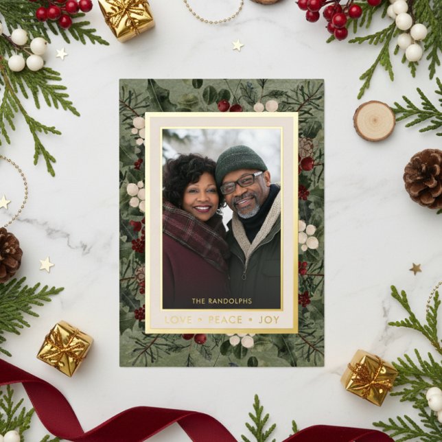 Winter Berries Green Love Peace Joy Photo Foil Holiday Card (Creator Uploaded)