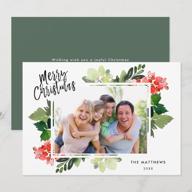 Winter Berries Greenery Frame Photo Christmas Card (Front/Back)