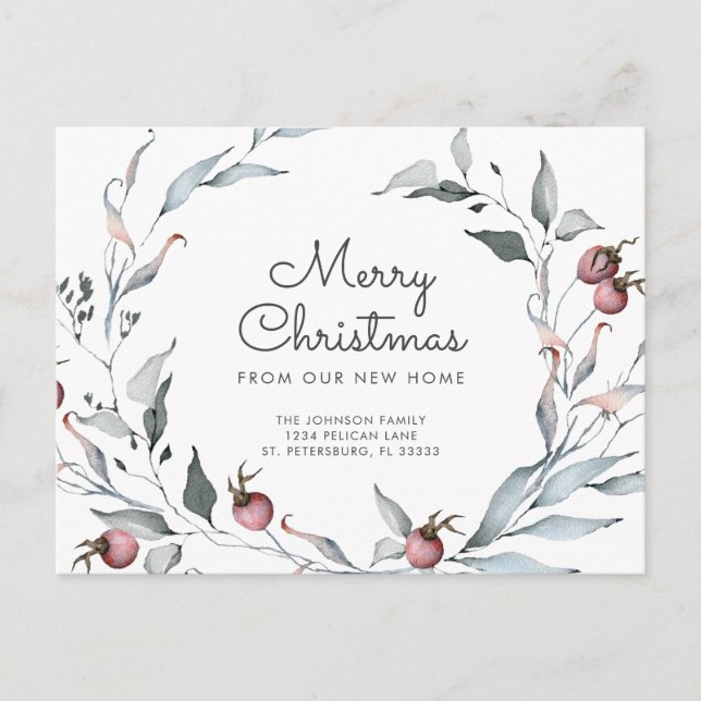 Winter Berries Greenery Holiday Wreath New Address Announcement Postcard (Front)