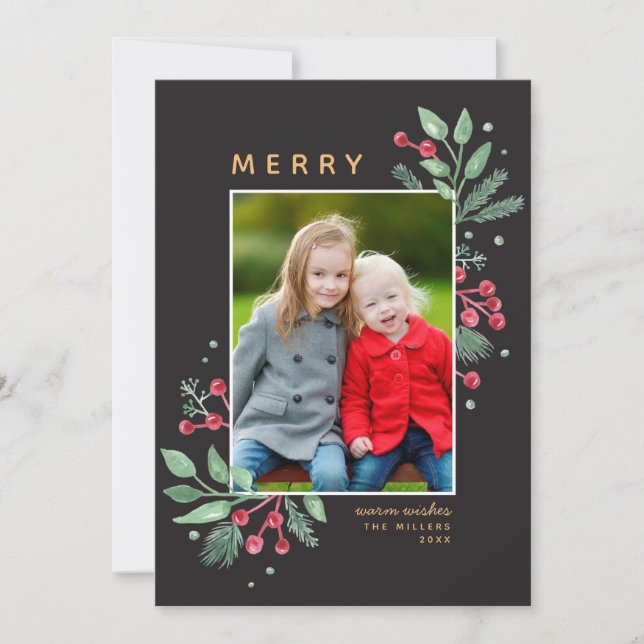 Winter Berries Greenery Merry Christmas Photo (Front)