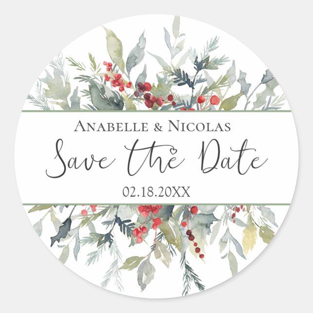 Winter Berries Greenery Save the date Sticker (Front)