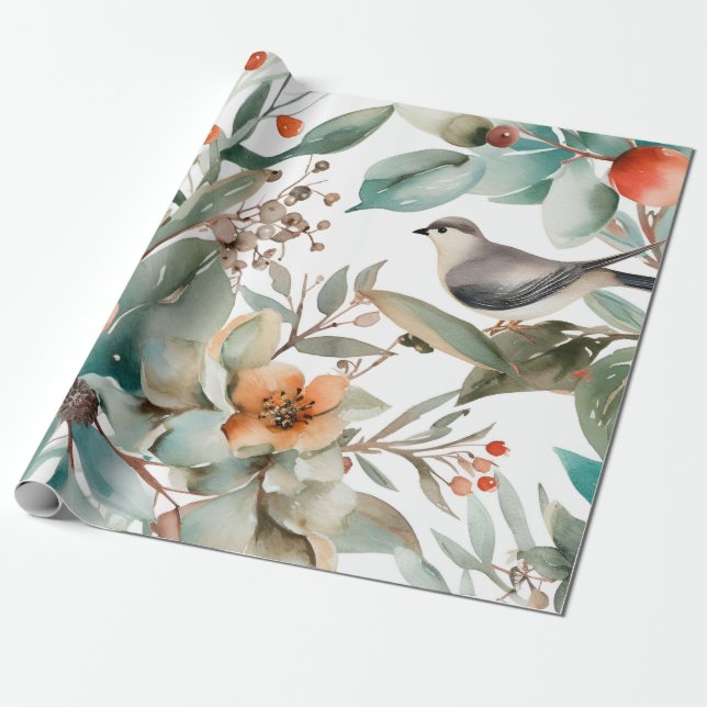 Winter Berries Greenery Watercolor Holiday Wrapping Paper (Unrolled)