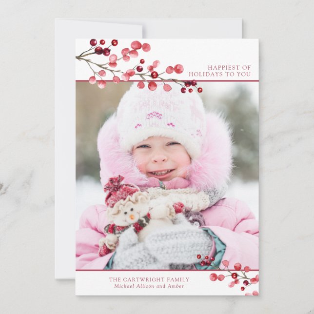 Winter Berries Happy Holidays One Photo Holiday Card (Front)