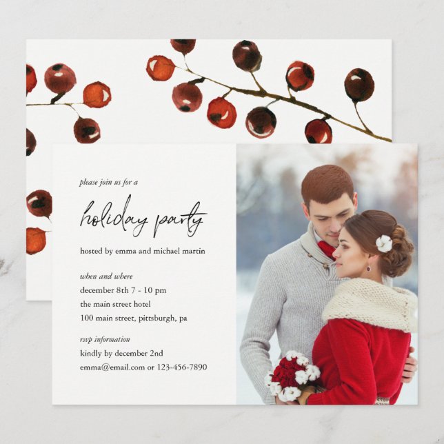 Winter Berries Holiday Party Photo Invitation (Front/Back)