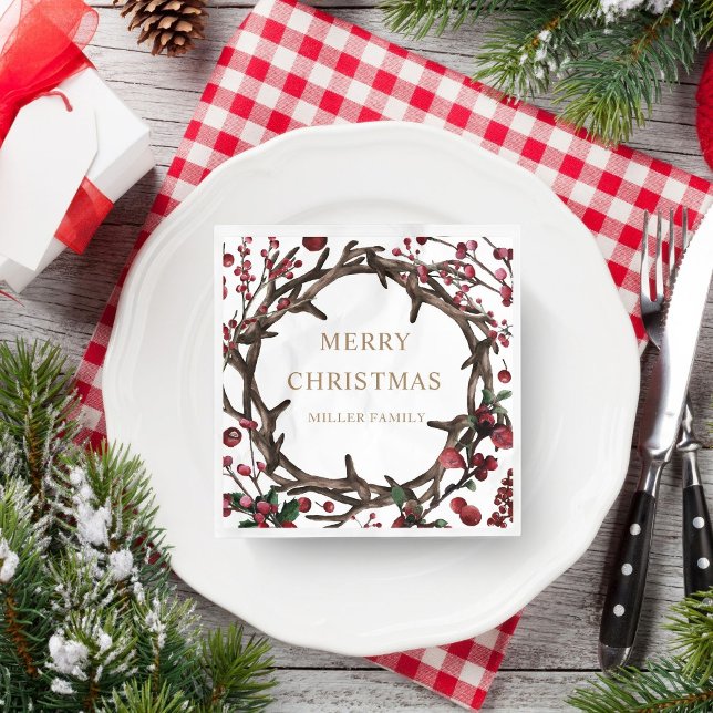 Winter Berries Holiday Wreath Merry Christmas Napkin (Creator Uploaded)