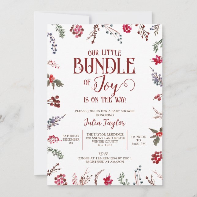 Winter Berries & Holly Baby Shower, Little Bundle Invitation (Front)