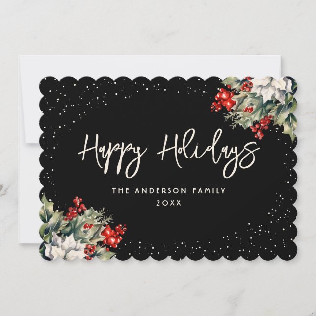 Winter Berries Holly Poinsettia Elegant Black Holiday Card (Front)