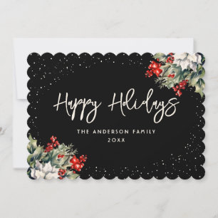 Winter Berries Holly Poinsettia Elegant Black Holiday Card