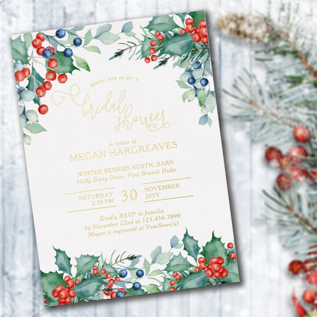 Winter Berries Holly Watercolor Bridal Shower Gold (Creator Uploaded)