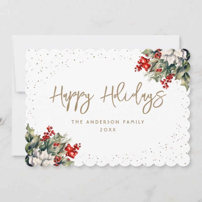 Winter Berries Holly White Poinsettia Elegant Holiday Card (Front)