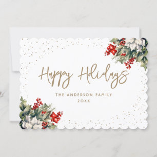 Winter Berries Holly White Poinsettia Elegant Holiday Card