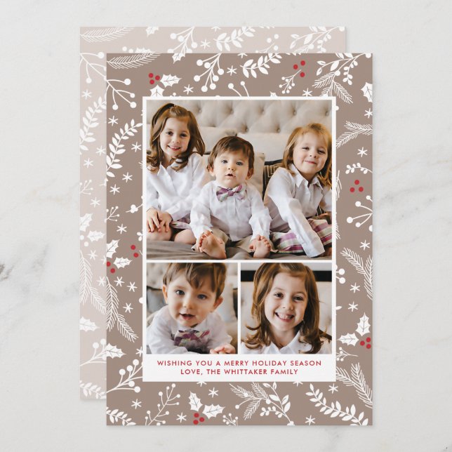 Winter Berries in Ecru Christmas Holiday Flat Card (Front/Back)