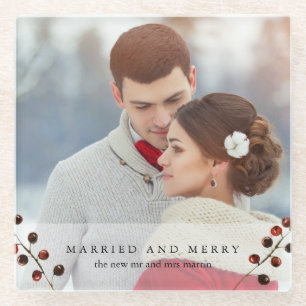 Winter Berries Married and Merry Photo Coaster