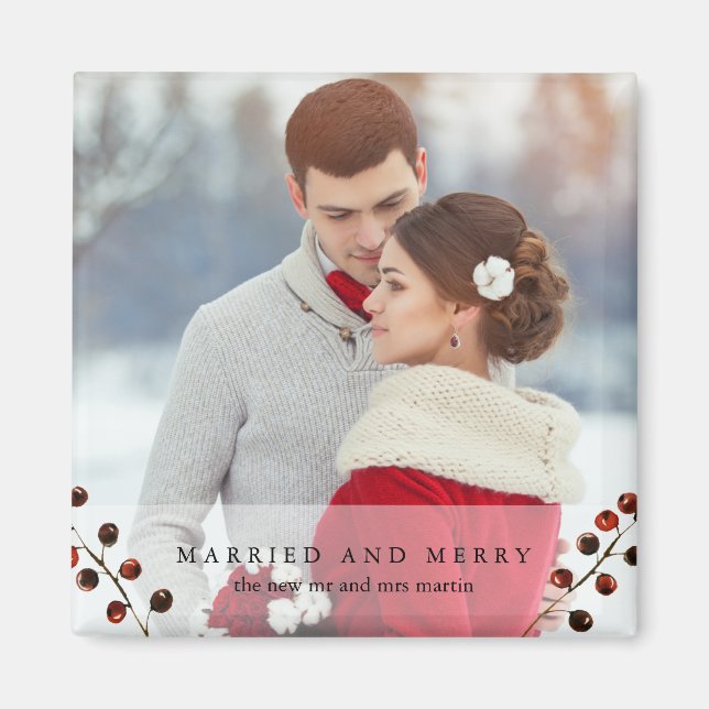 Winter Berries Married and Merry Photo Magnet (Front)