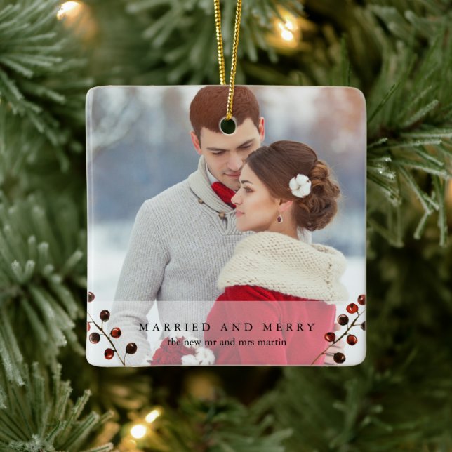 Winter Berries Married and Merry Photo Ornament (Tree)